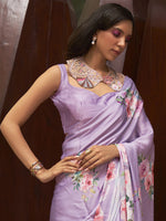 Thumbnail for Mitera Lavender & Pink Floral Satin Saree - Distacart