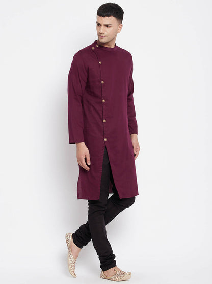 Even Apparels Maroon Pure Cotton Men's Sherwani Kurta With Asymetrical Cut - Distacart