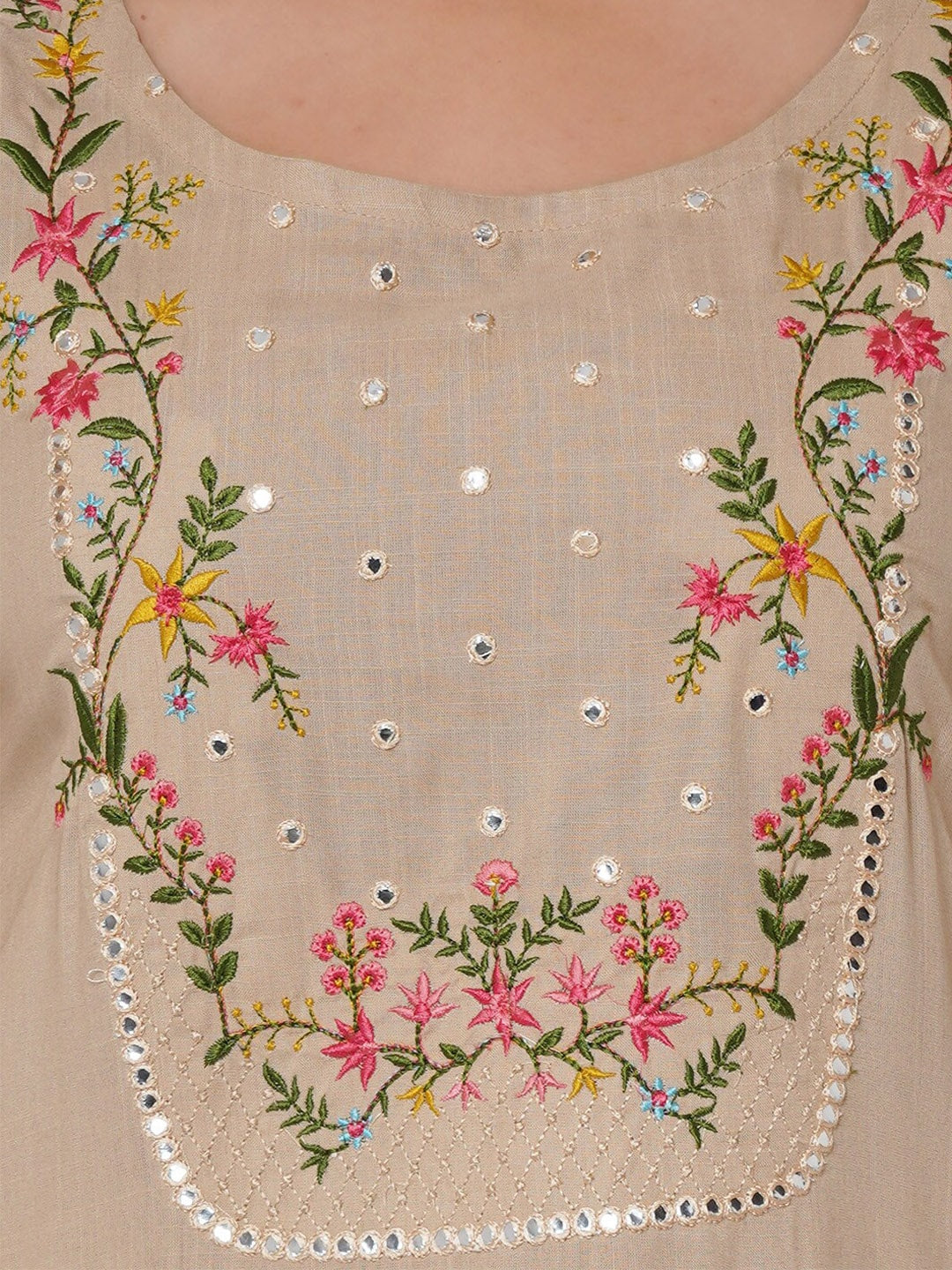 Kalini Women Beige Yoke Design Mirror Work Kurta with Trousers - Distacart