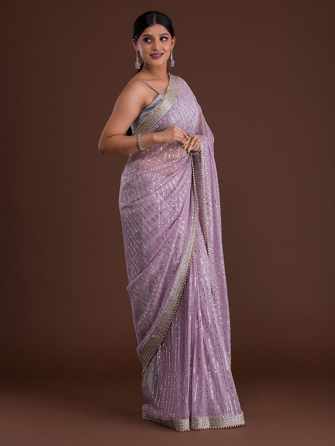 Koskii Lavender & Gold-Toned Embellished Mirror Work Supernet Saree - Distacart