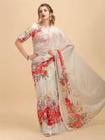 Thumbnail for Sangria Off White & Red Floral Satin Designer Saree - Distacart