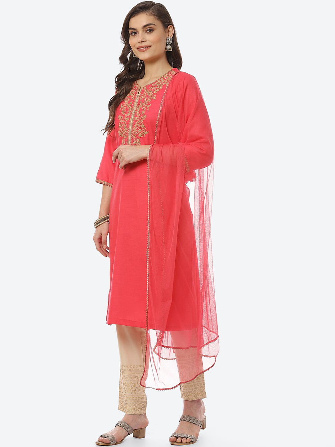 Biba Women Fuchsia Ethnic Motifs Yoke Design Pure Cotton Kurta with Trousers & With Dupatta - Distacart