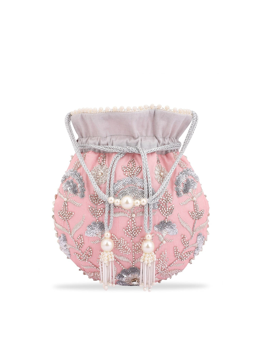 Masq Peach-Coloured & Grey Embroidered Potli Clutch - Distacart