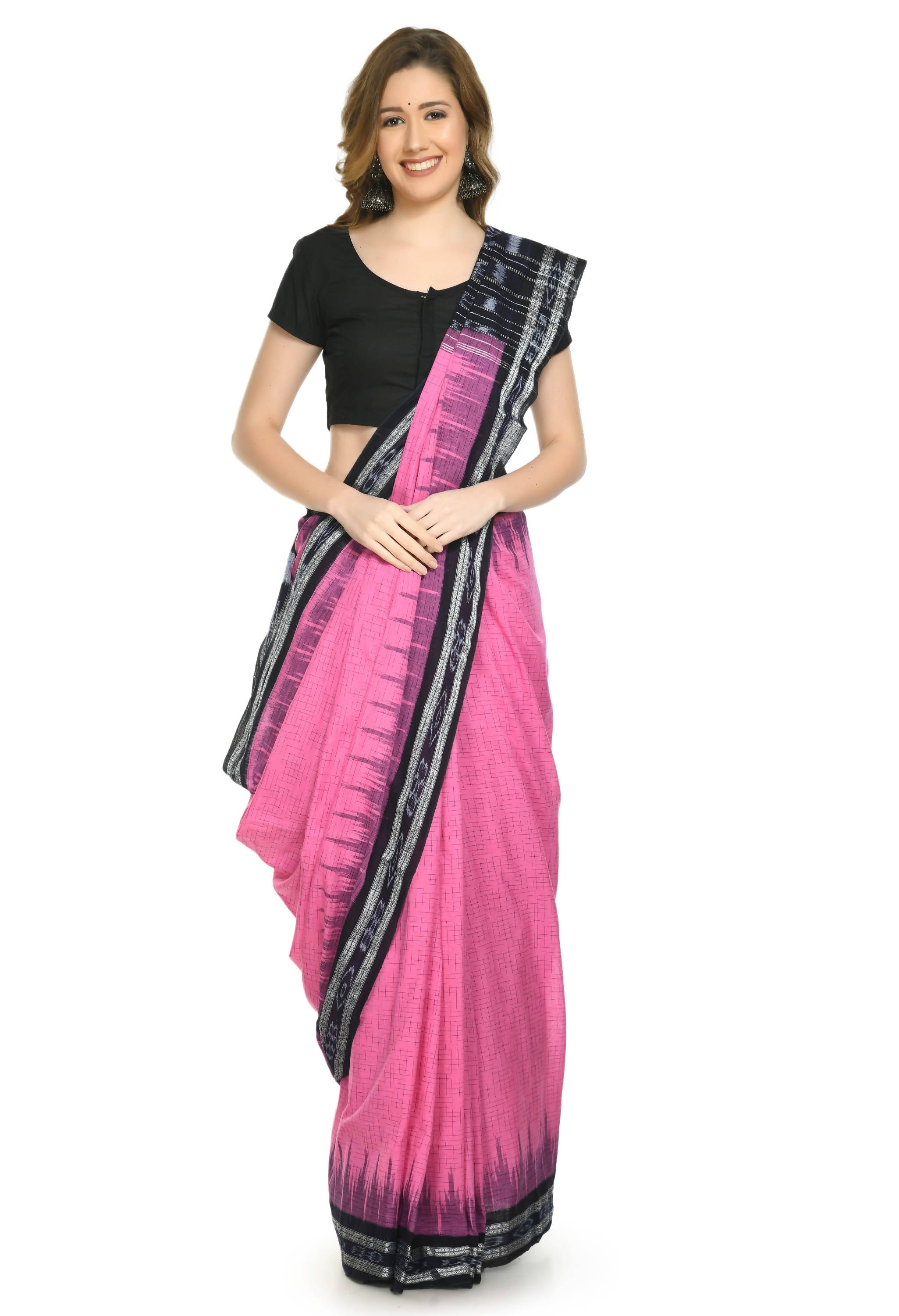 Vamika Sambalpuri Ikat Cotton Jharana Pink & Black Saree - Distacart