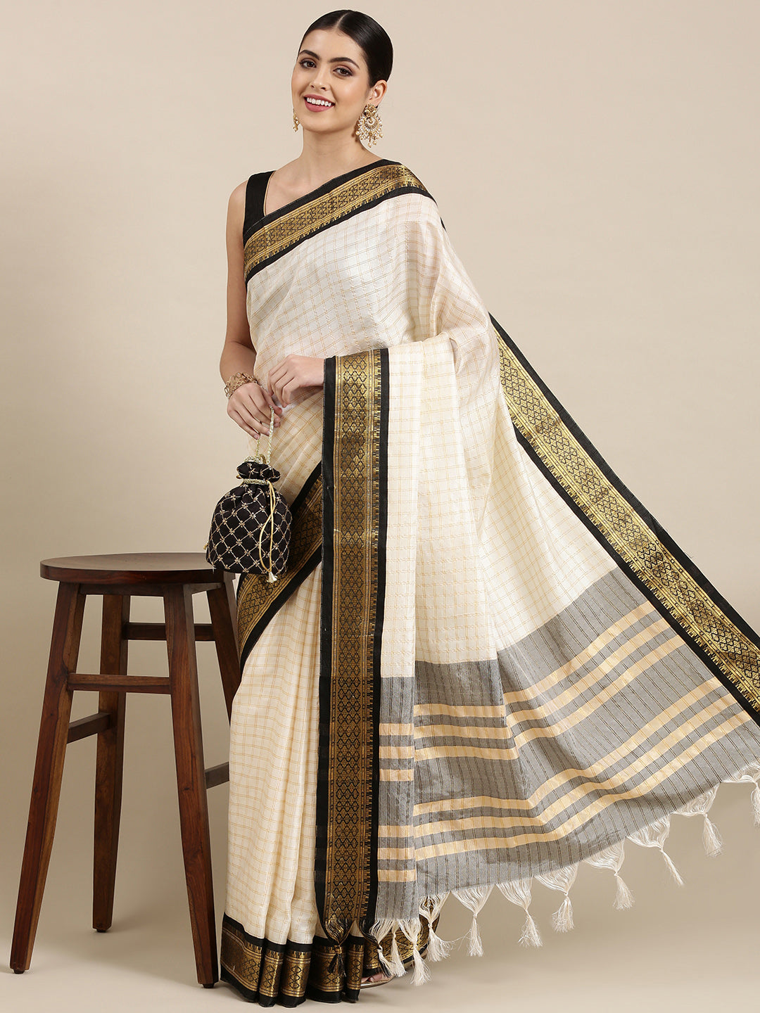 Kalini White & Black Checked Zari Silk Cotton Saree - Distacart