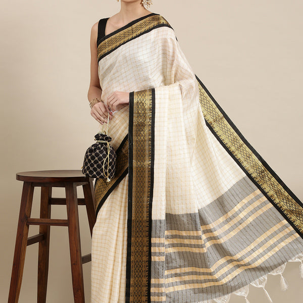 Kalini White & Black Checked Zari Silk Cotton Saree - Distacart