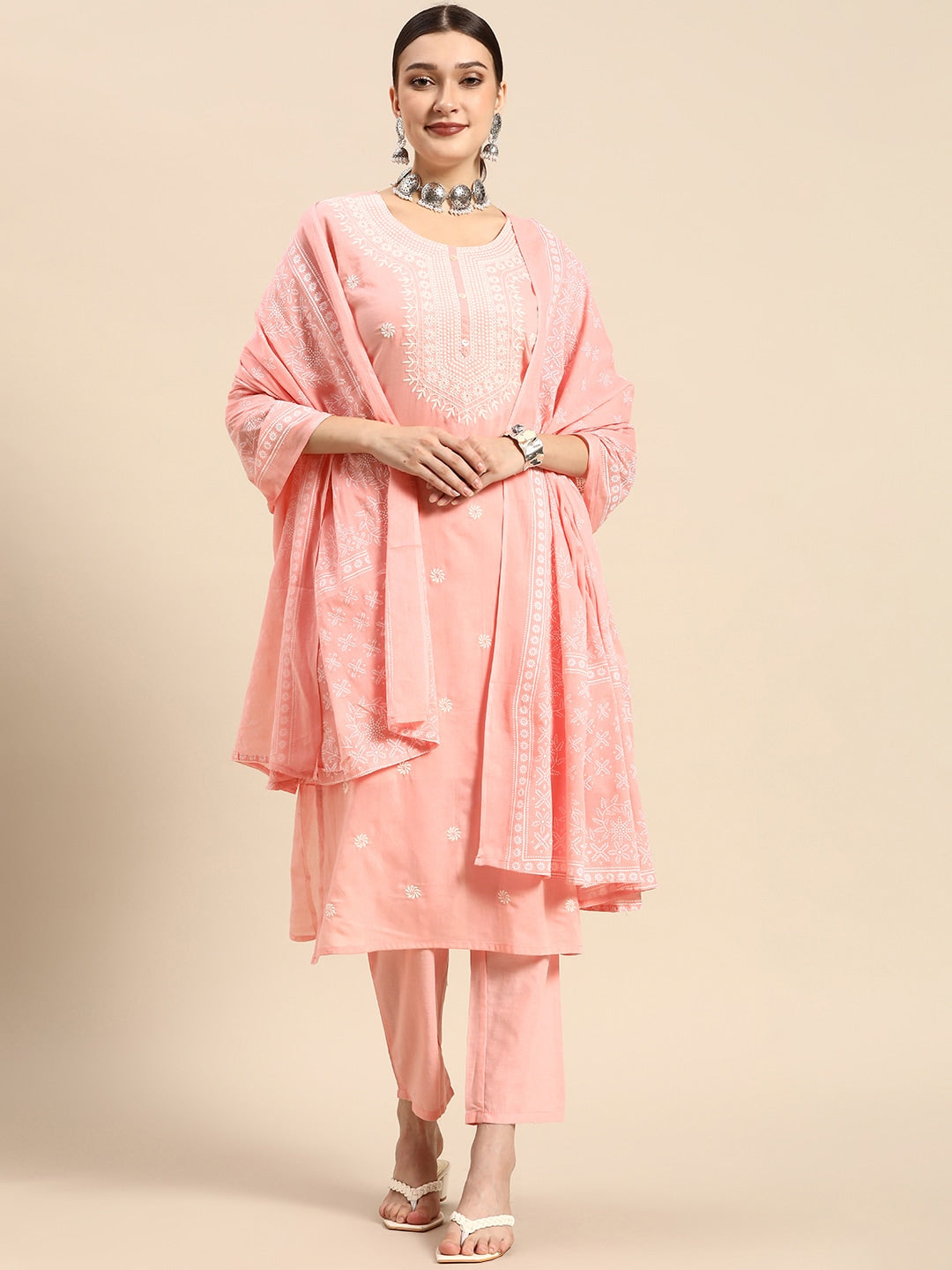 Sangria Women Pink Embroidered Thread Work Pure Cotton Kurta with Trousers & With Dupatta - Distacart