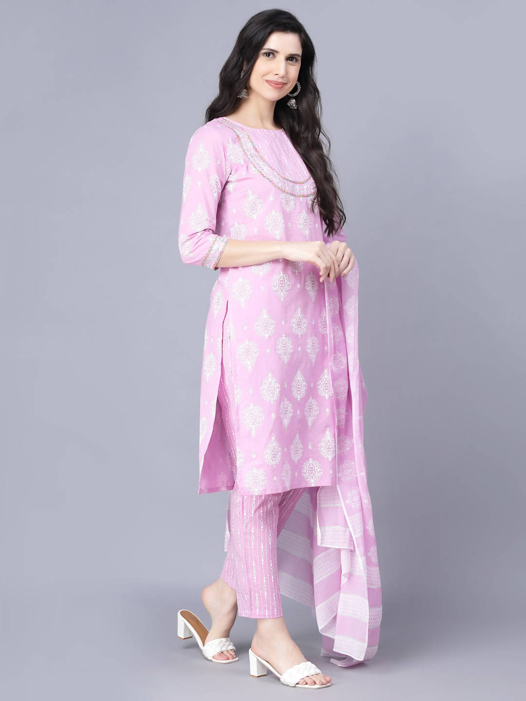 Myshka Cotton Printed 3/4 Sleeve Round Pink Women Kurta set - Distacart