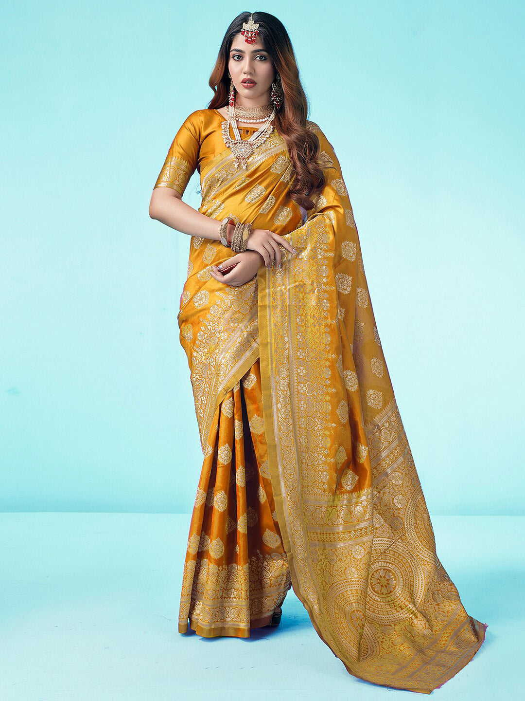 Kalini Yellow & Gold-Toned Woven Design Zari Banarasi Saree - Distacart