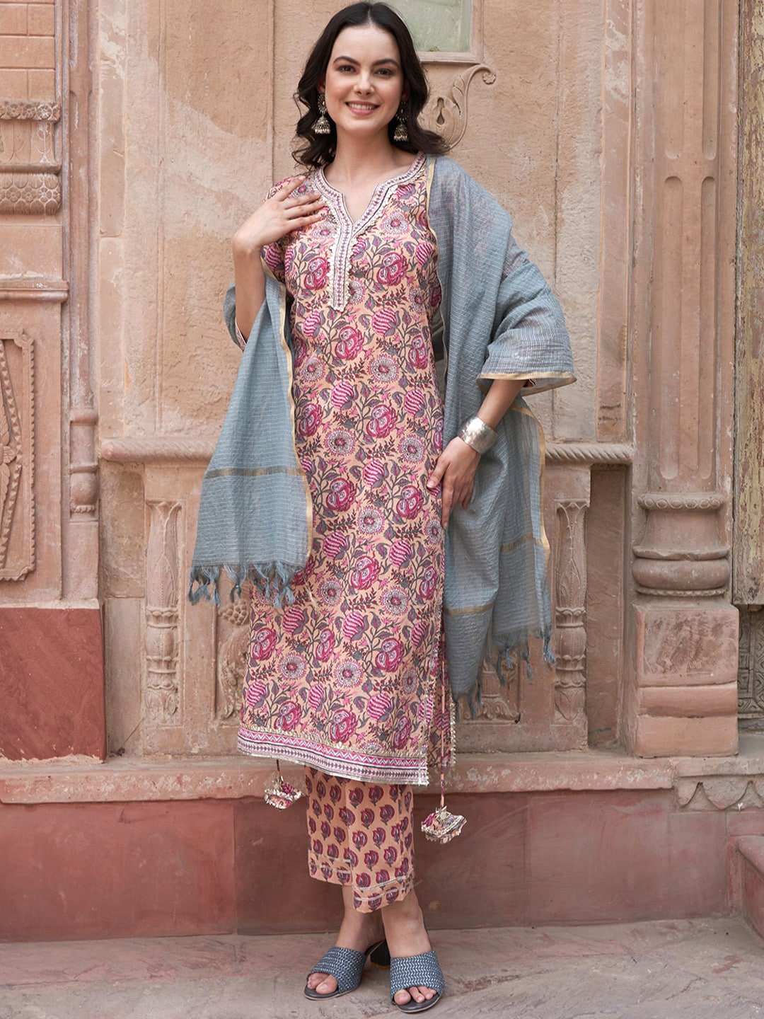 Sangria Peach-Coloured Ethnic Motifs Printed Pure Cotton Kurta with Trousers & Dupatta - Distacart