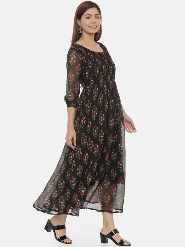 description souchii women black printed fit and flare beautiful dress