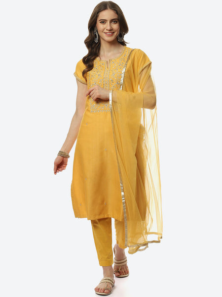 Biba Women Mustard Yellow Floral Embroidered Kurta with Trousers & With Dupatta - Distacart
