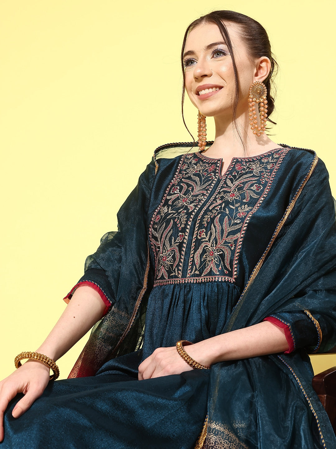 Sangria Women Floral Embroidered Regular Kurta with Trousers & With Dupatta - Distacart