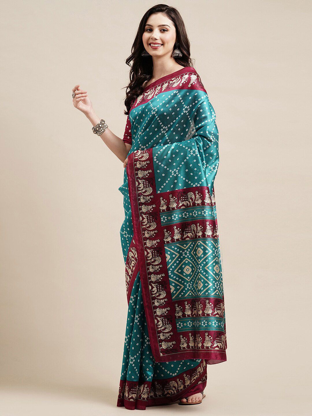 Saree Mall Blue & Maroon Bandhani Silk Blend Bandhani Sarees - Distacart