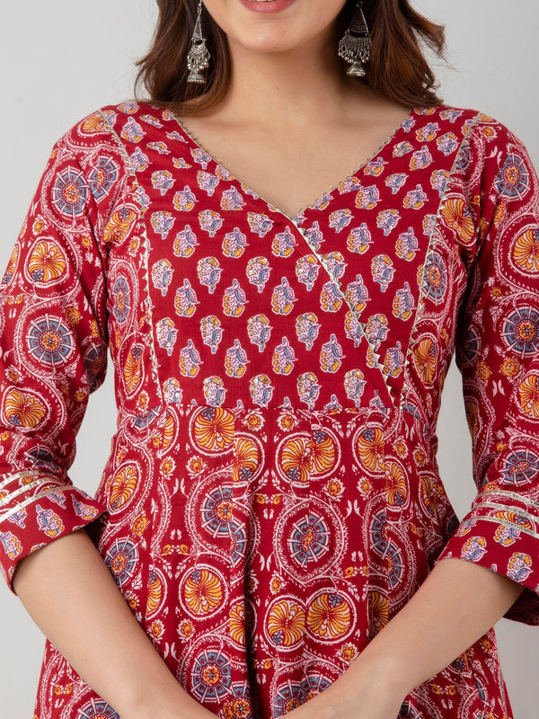 Kalini Women Maroon Floral Printed Pure Cotton Kurta with Trousers - Distacart