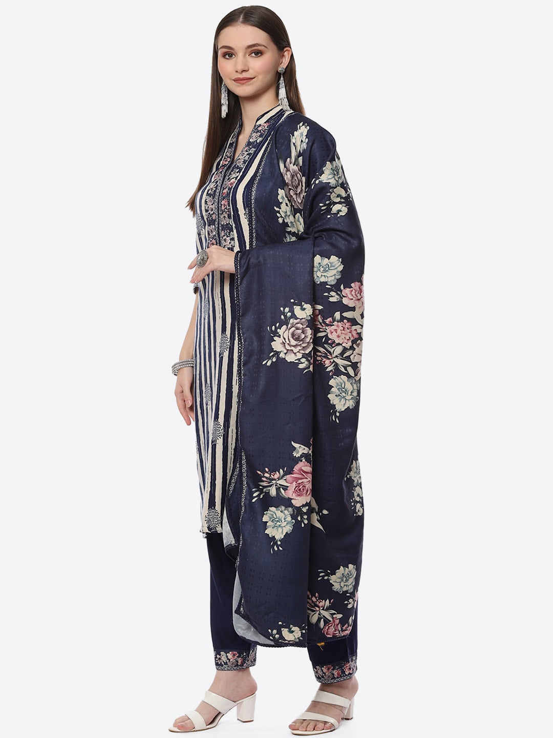 Biba Women Blue Floral Printed Kurta with Trousers With Dupatta - Distacart