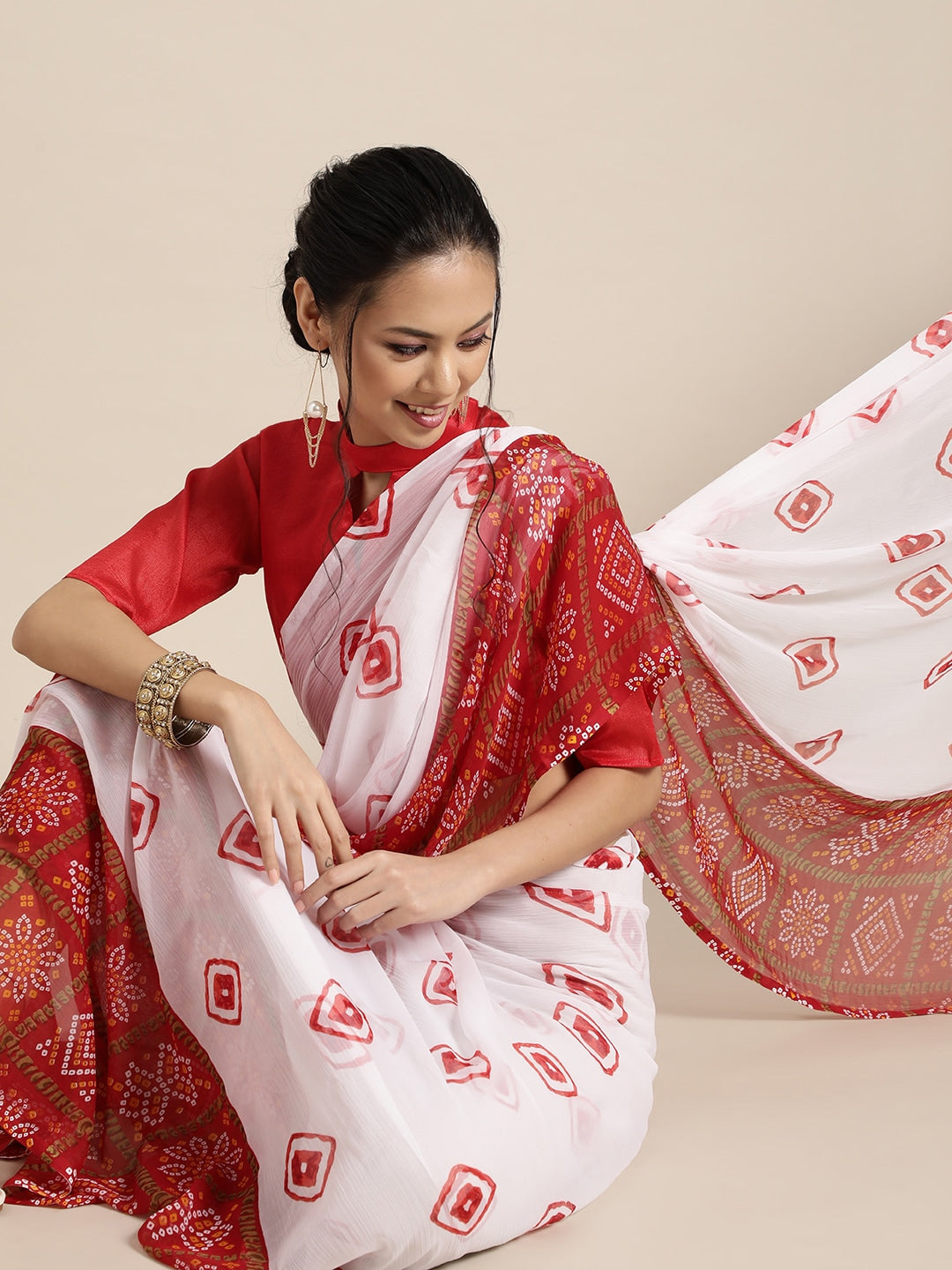 Saree Mall Bandhani Poly Chiffon Saree with Printed border - Distacart