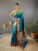 Thumbnail for Mitera Teal & Red Ethnic Motifs Woven Design Zari Silk Blend Paithani Saree - Distacart