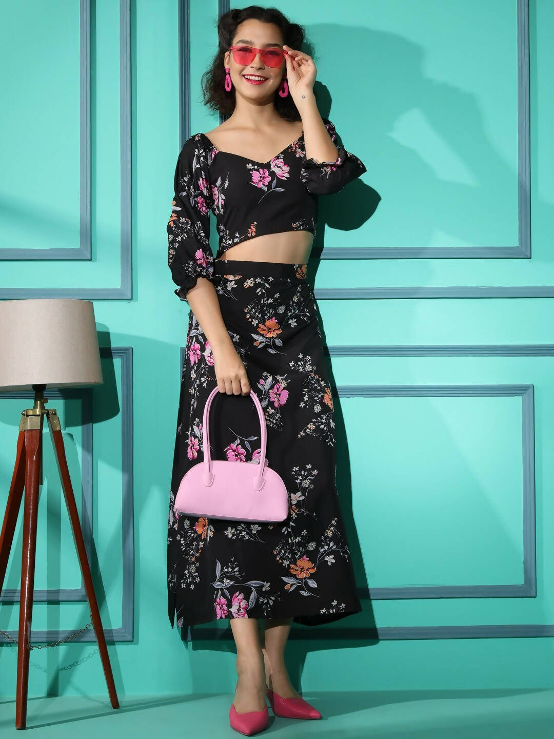 Black Crepe Floral Printed Top with Matching Skirt - Shivani - Distacart