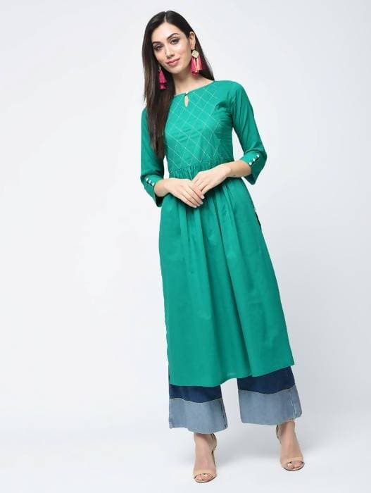 Aniyah Cotton Solid Flared Kurta With Key Hole Neck In Turquoise (AN-104K)