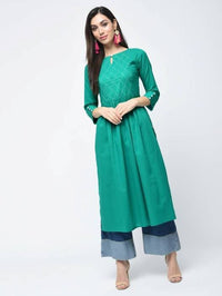Thumbnail for Aniyah Cotton Solid Flared Kurta With Key Hole Neck In Turquoise (AN-104K)