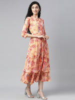 Thumbnail for Souchii Peach-Coloured Floral Layered Chiffon Beautiful A-Line Midi Dress - Distacart
