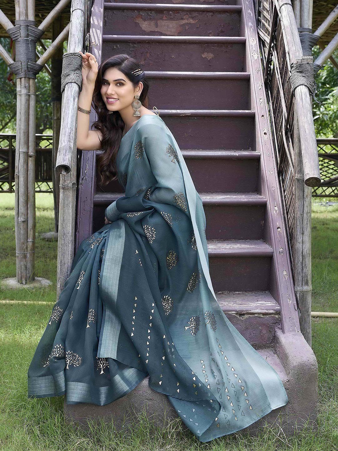 Kalini Turquoise Blue & Gold Ethnic Motifs Bagh Poly Cotton Saree - Distacart