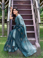 Thumbnail for Kalini Turquoise Blue & Gold Ethnic Motifs Bagh Poly Cotton Saree - Distacart