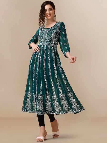 HERE&NOW Paneled Floral Embroidered Georgette Anarkali Kurta - Distacart