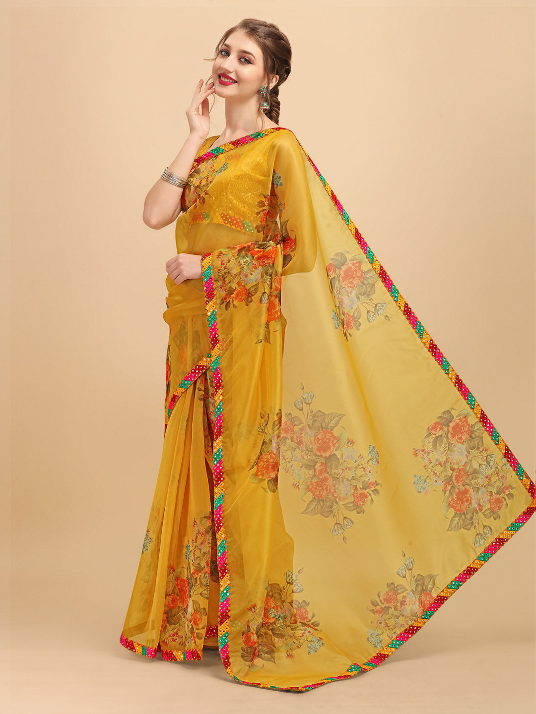 Sangria Mustard & Orange Floral Mirror Work Organza Saree - Distacart