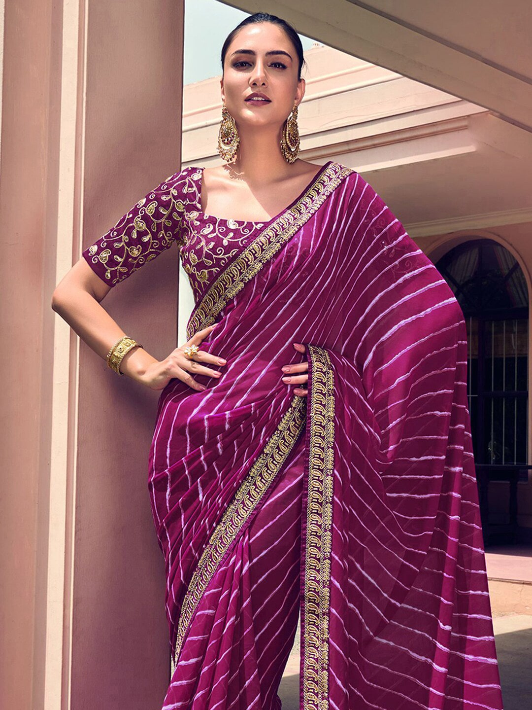 Mitera Purple & White Leheriya Printed Embroidered Poly Georgette Leheriya Saree - Distacart