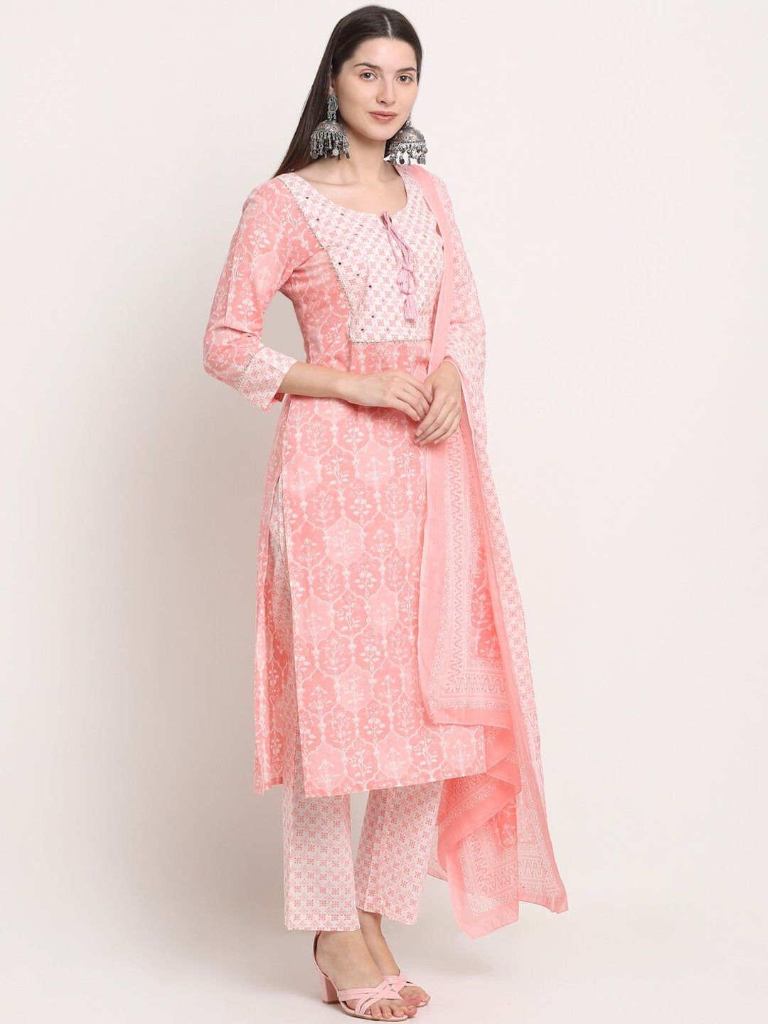 Kalini Women Peach-Coloured Yoke Design Pure Cotton Kurta with Trousers & Dupatta - Distacart