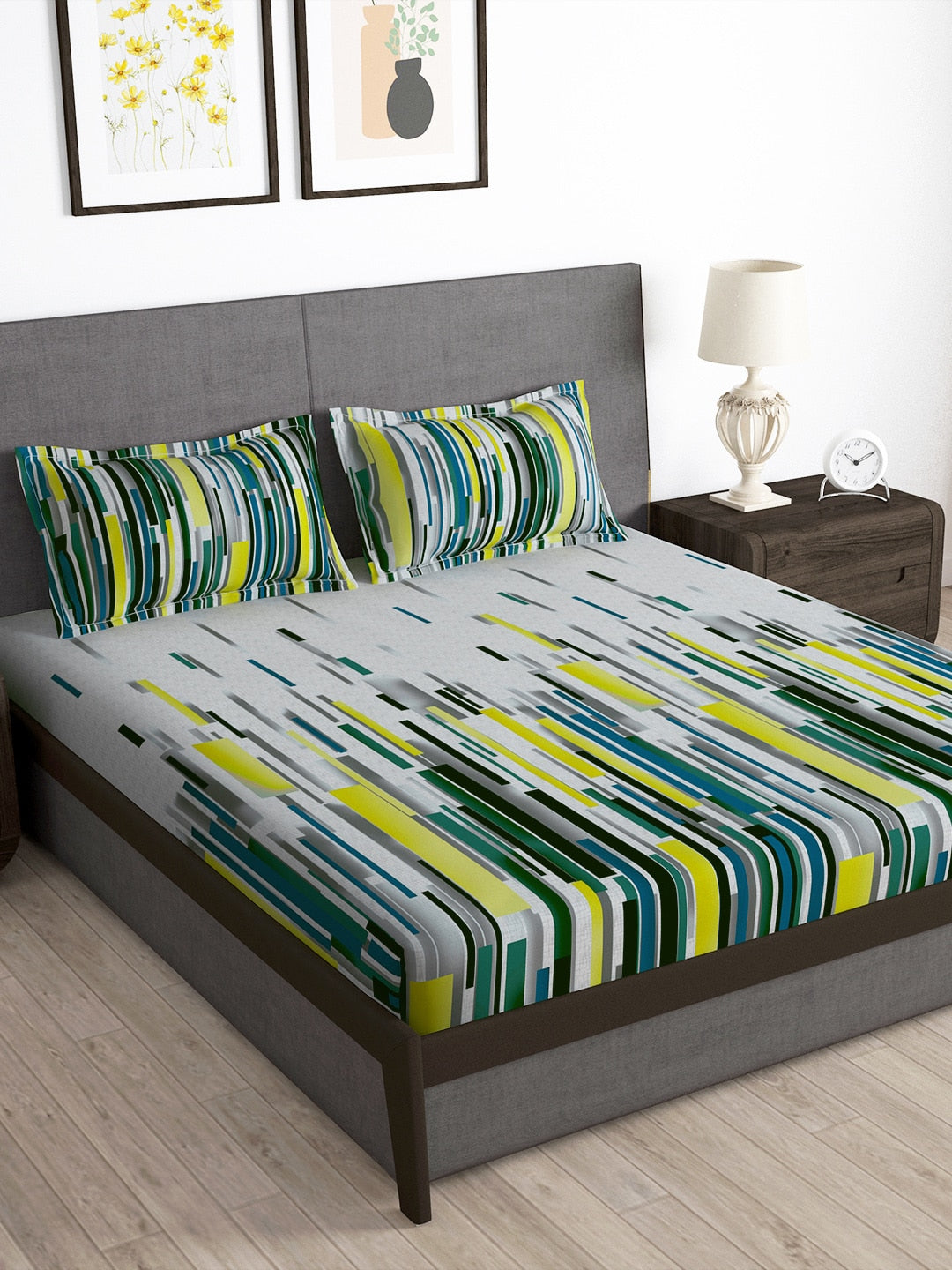 Story@home Arena White & Grey Printed 180 TC Bedsheet & Pillow Covers - Distacart