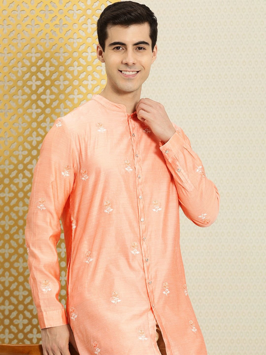 House of Pataudi Men Peach-Coloured Floral Embroidered A-Line Kurta - Distacart