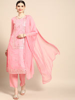 Thumbnail for Sangria Women Pink Ethnic Motifs Printed Chanderi Cotton Kurta with Trousers & With Dupatta - Distacart