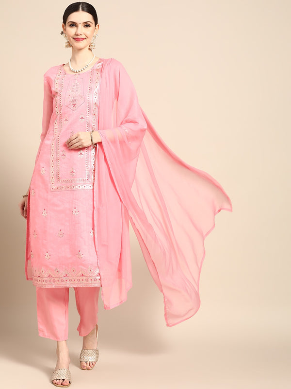 Sangria Women Pink Ethnic Motifs Printed Chanderi Cotton Kurta with Trousers & With Dupatta - Distacart