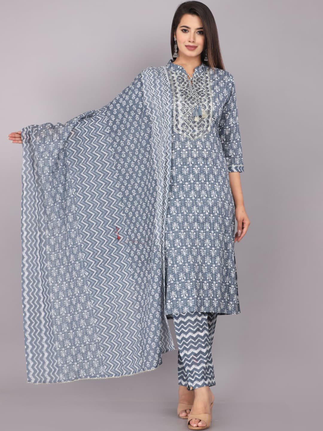 Kalini Floral Printed Mirror Work Detail Pure Cotton Kurta with Trousers & Dupatta - Distacart