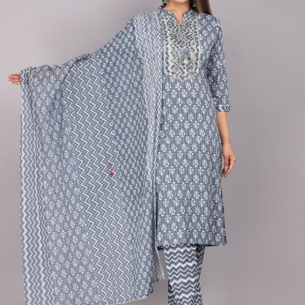 Kalini Floral Printed Mirror Work Detail Pure Cotton Kurta with Trousers & Dupatta - Distacart
