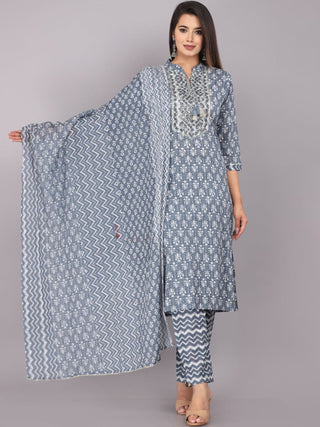 Kalini Floral Printed Mirror Work Detail Pure Cotton Kurta with Trousers & Dupatta - Distacart