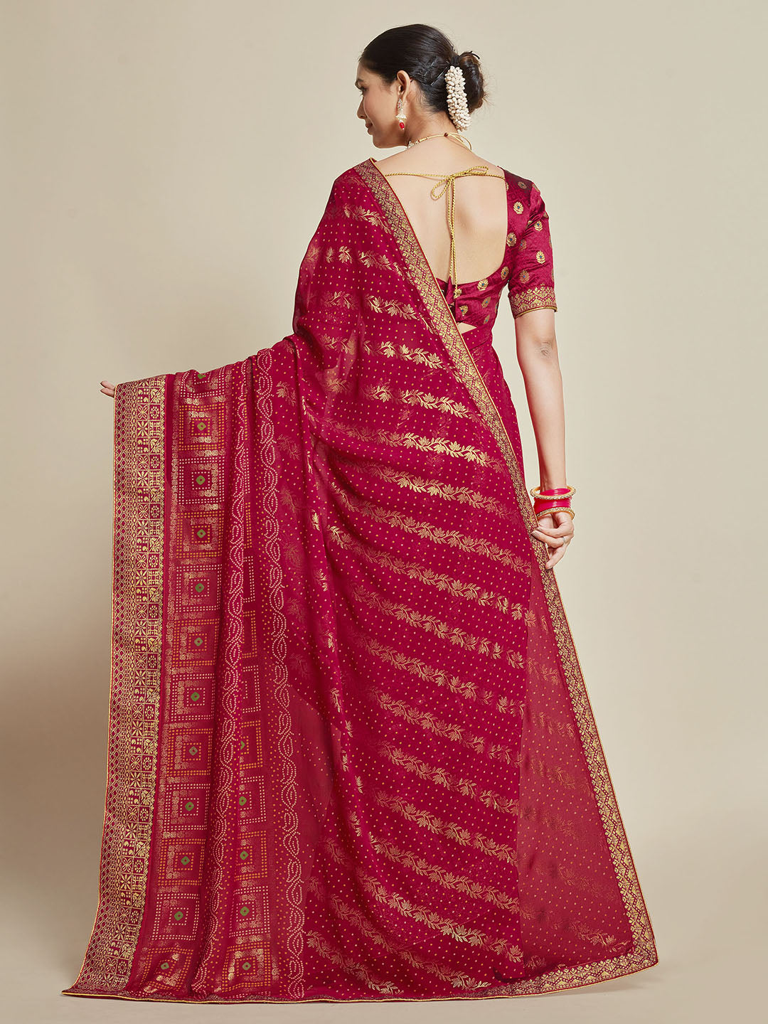 Sangria Pink Woven Design Zari Detail Poly Georgette Bandhani Saree - Distacart