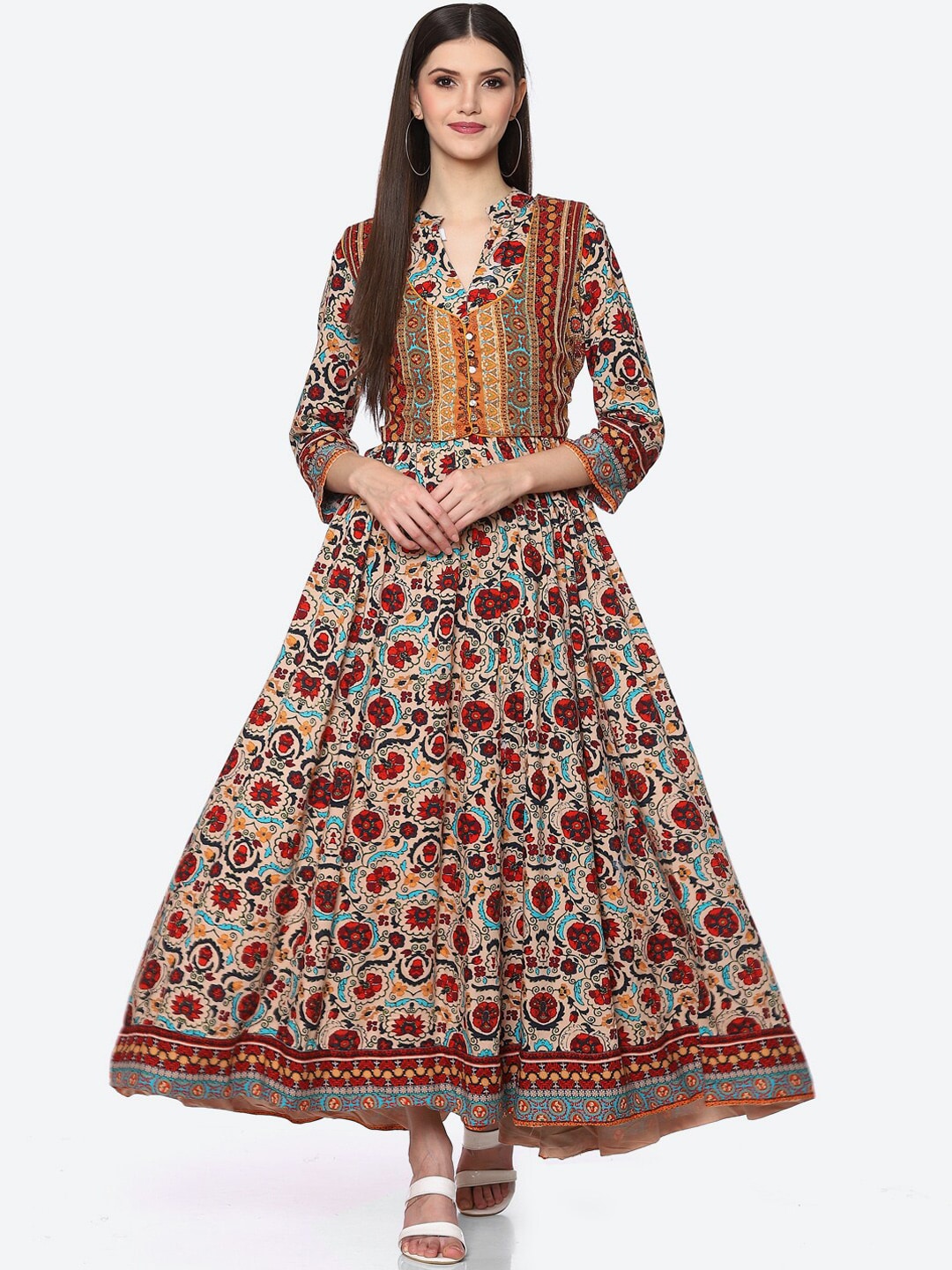Biba Women Beige Floral Printed Anarkali Kurta - Distacart