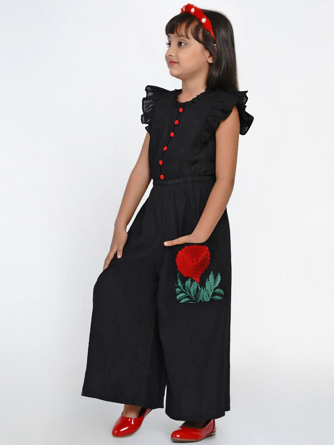 NOZ2TOZ Black & Red Solid Basic Jumpsuit For Girls - Distacart
