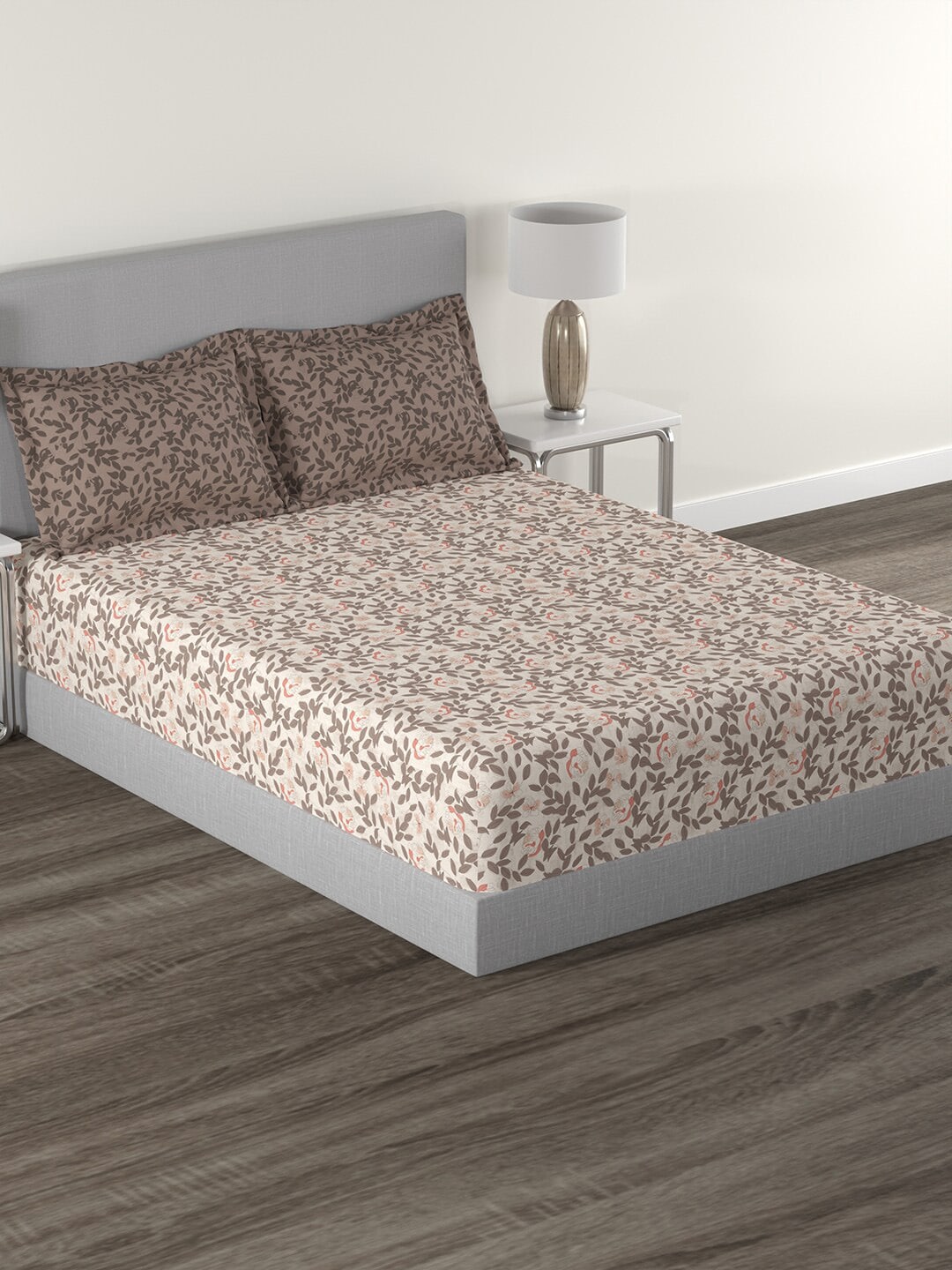 MYTRIDENT Brown White Floral Cotton 144 TC Queen Bedsheet With 2 Pillow Covers - Distacart