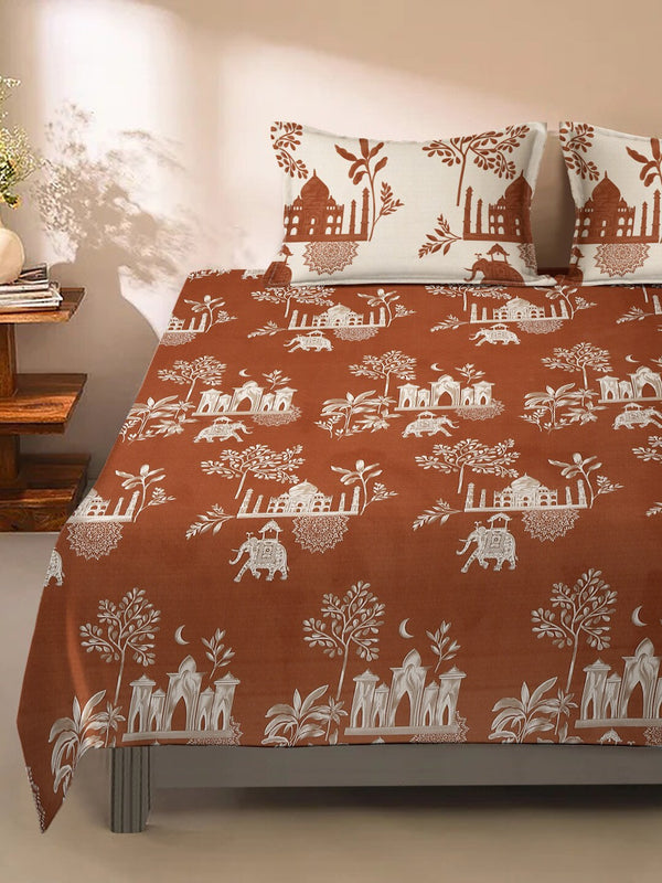 Rajasthan Decor Rust & Cream Printed Cotton 160 TC King Bedsheet with 2 Pillow Covers - Distacart