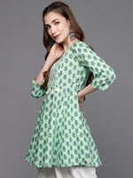 Thumbnail for Biba Women Green & Blue Ethnic Motifs Printed Embroidered Pure Cotton A-Line Kurta - Distacart