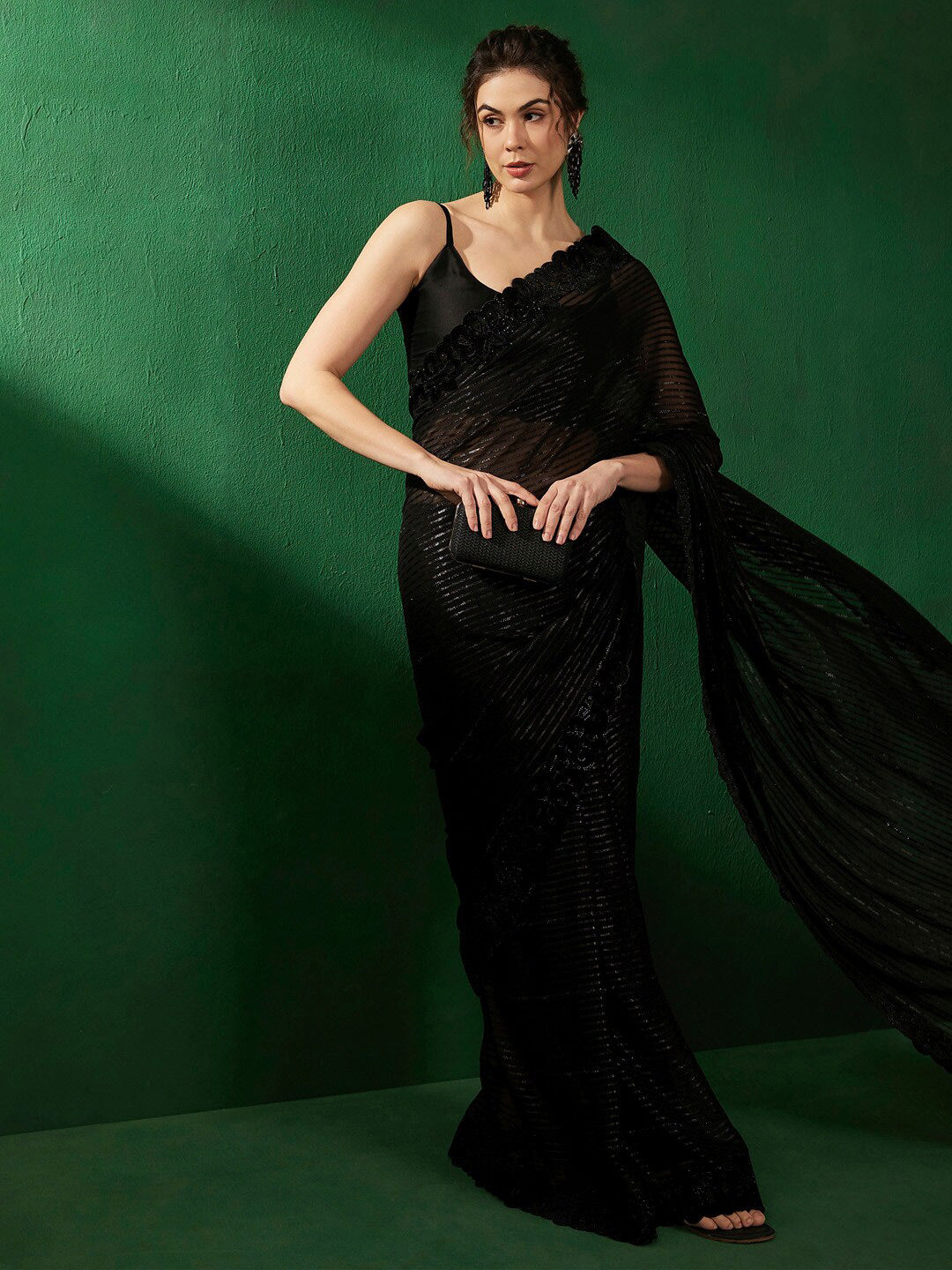 Sangria Striped Embellished Beads and Stones Pure Chiffon Sarees - Distacart