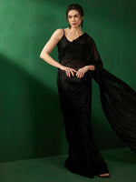 Thumbnail for Sangria Striped Embellished Beads and Stones Pure Chiffon Sarees - Distacart