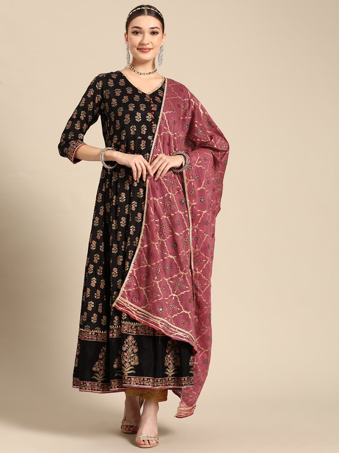 Sangria Women Black & Burgundy Ethnic Motifs Printed Mirror Work Anarkali Kurta - Distacart