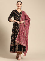 Thumbnail for Sangria Women Black & Burgundy Ethnic Motifs Printed Mirror Work Anarkali Kurta - Distacart