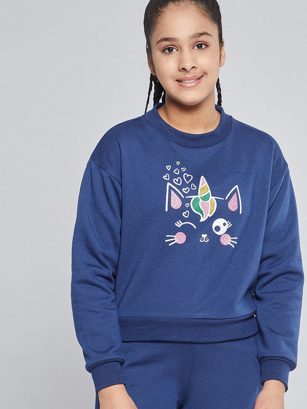 Lyush Blue Fleece Glitter Print Sweatshirt For Girls - Distacart